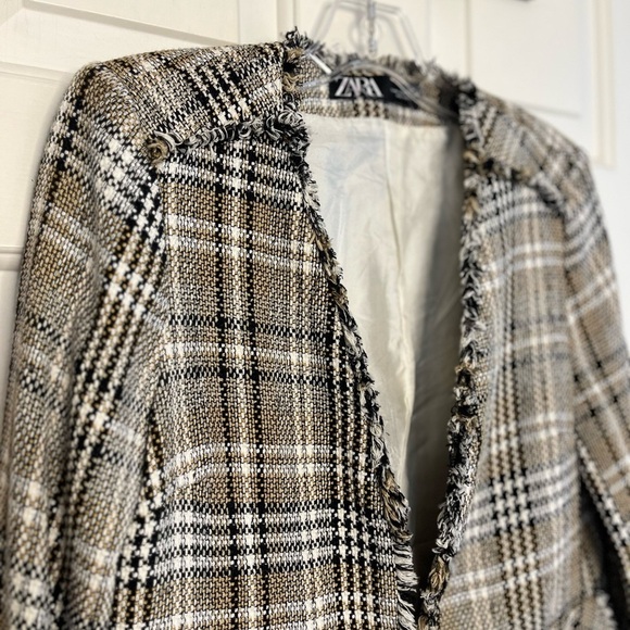 ZARA Tweed Frayed Plaid Blazer Cropped XS - Picture 6 of 16